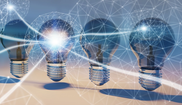 Bright lightbulbs and connections  lined up on blue background 3D rendering