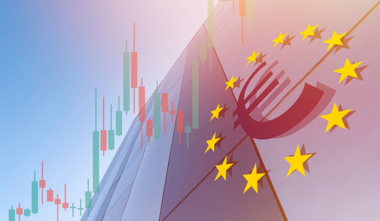 Euro symbol and marketplace charts on business center background. Trading, investment or financial concept. Technical price graph and indicator, red and green candlestick chart.