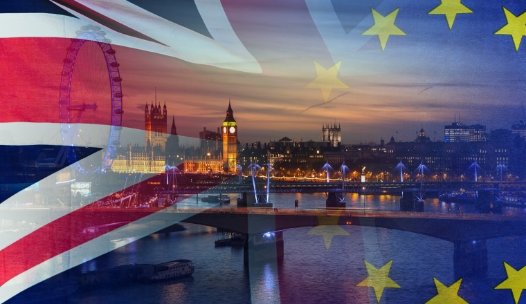  BREXIT concept image of London image and UK and EU flags overlaid symbolising agreement and deal being processed