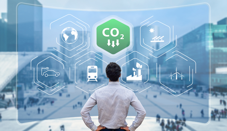 Reduce Carbon Dioxide Emissions to Limit Global Warming and Climate Change. Commitment to Paris Agreement to Lower CO2 levels with Sustainable Development as Renewable Energy and Electric Vehicles