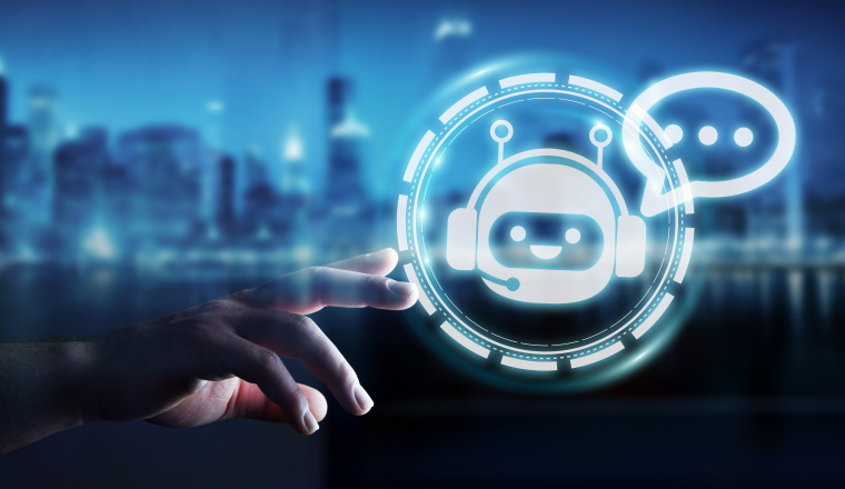 Businessman on blurred background chatting with chatbot application 3D rendering