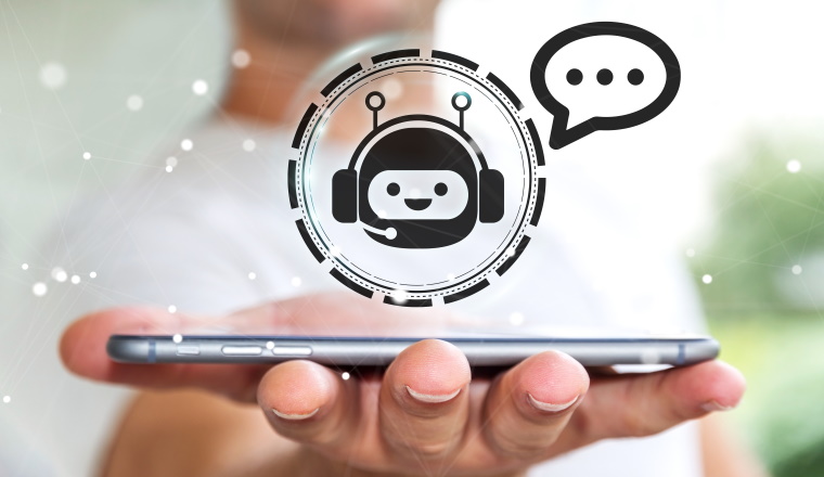 Businessman on blurred background chatting with chatbot application 3D rendering