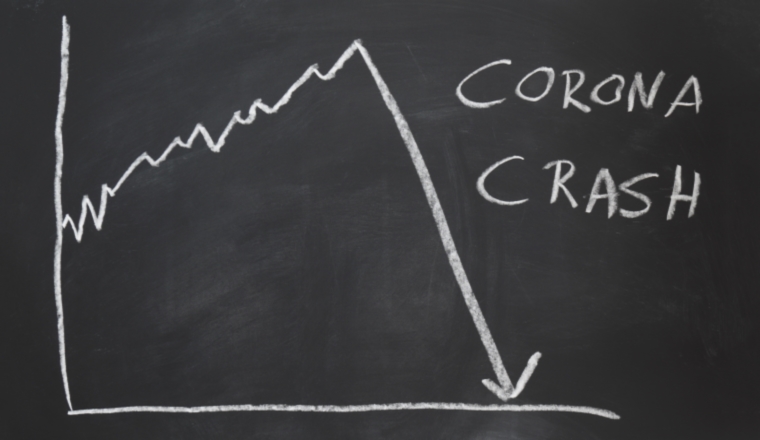 corona crash - hand-drawn graph on chalkboard showing stock market collapse or financial economy crisis caused by coronavirus