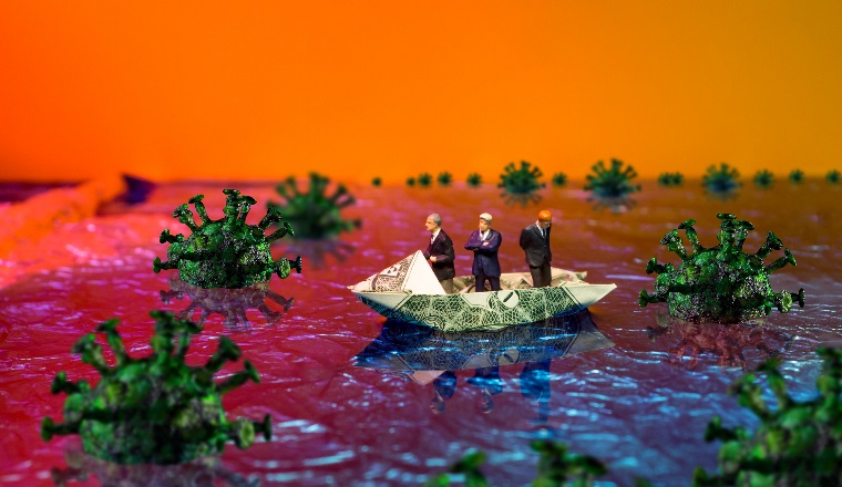 Coronavirus government or finance metaphor with lost businessmen riding in a money boat
