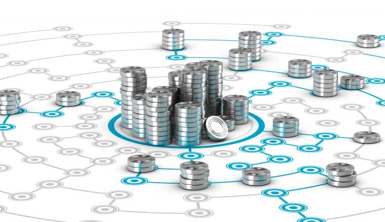 Many symbolic coins on a collaborative network. Conceptual 3D image for illustration of crowdfunding or fund raising.