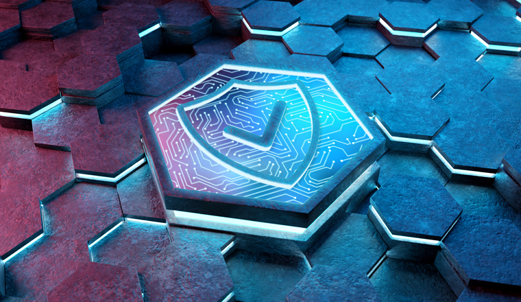 Shield icon concept engraved on blue and pink metal hexagonal pedestral background. Security Logo glowing on abstract digital surface. 3d rendering