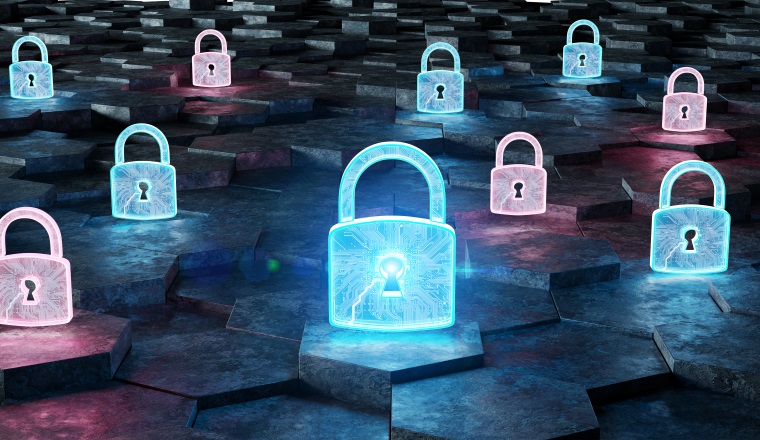 Black blue and pink abstract padlock icon on hexagons background 3D rendering