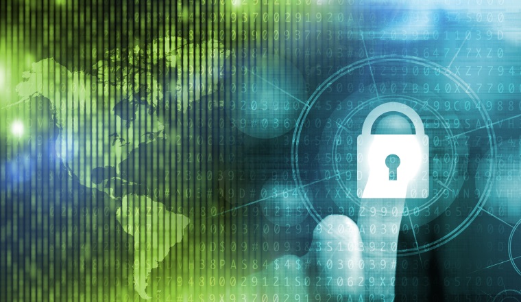 Network and Internet Safety Conceptual Illustration. Men Pressing Virtual Lock Button. Global Digital Data Safety Concept.