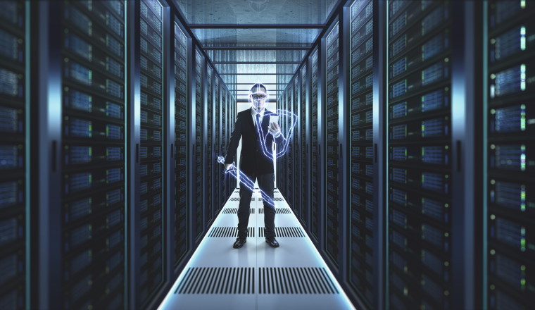 Thunder warrior Chief Engineer standing at server room . Protection, precaution and security in business big data technology concept .
