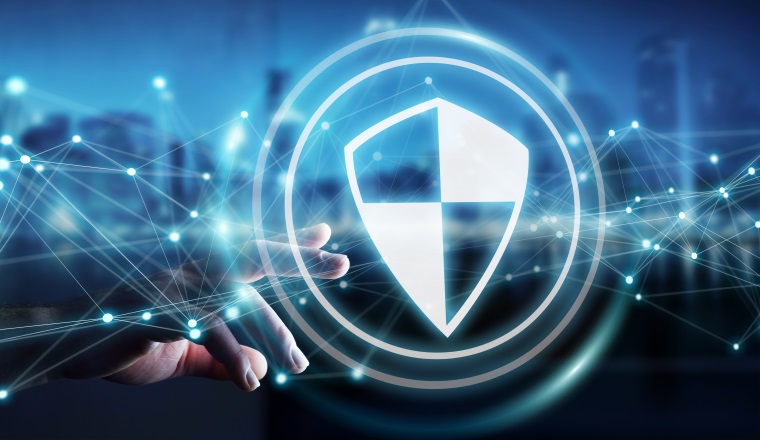 Businessman on blurred background using shield safe protection with connections 3D rendering