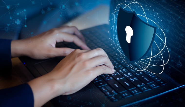 Press enter button on the keyboard computer Shield cyber Key lock security system abstract technology world digital link cyber security on hi tech Dark blue background, Enter password to log in. lock finger Keyboard