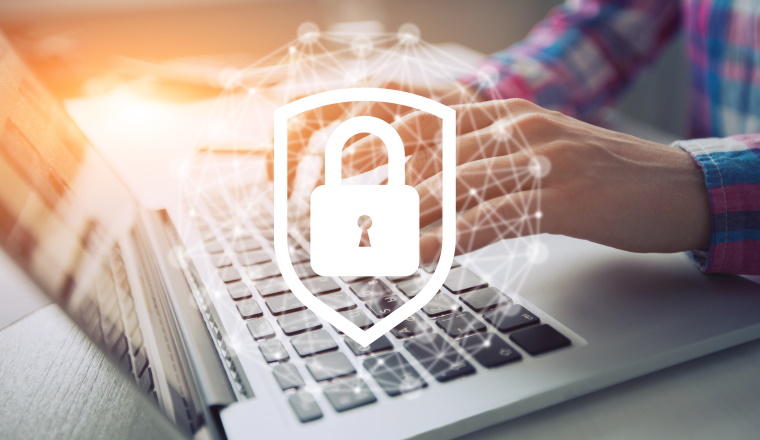 Network security icon with graphic diagram on screen background. Computer defender and security concept.