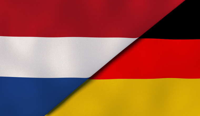 Two states flags of Netherlands and Germany. High quality business background. 3d illustration