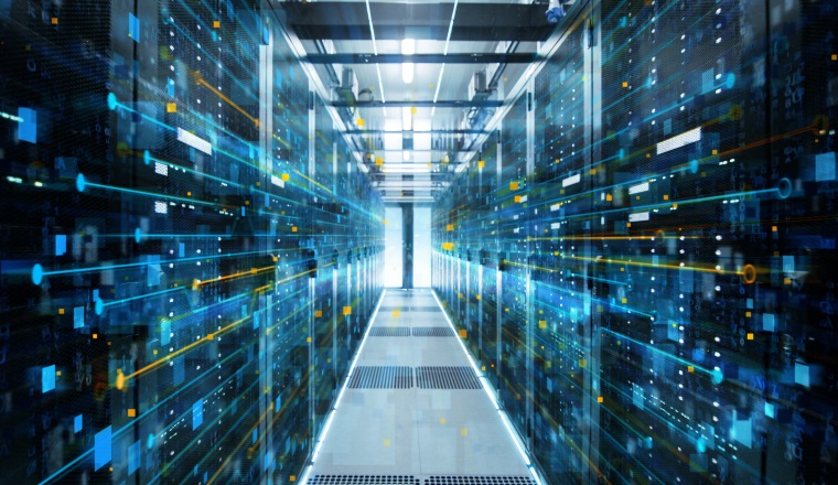 Shot of Corridor in Working Data Center Full of Rack Servers and Supercomputers with Internet connection Visualization Projection.
