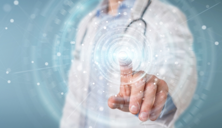 Doctor on blurred background using digital medical futuristic interface 3D rendering