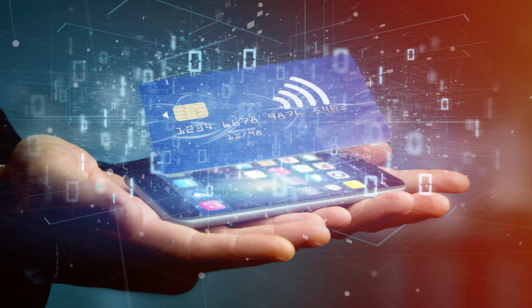 View of a Man holding a contactless credit card payment concept 3d rendering