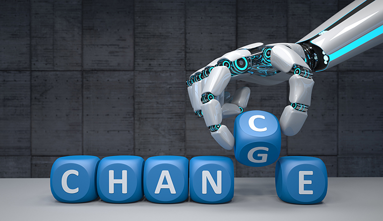 The robot hand with blue cubes and text Change Chance. 3d illustration.