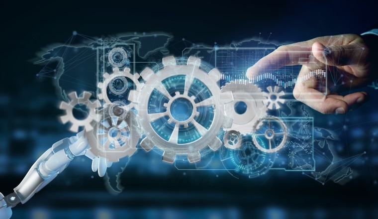 View of a Cyborg hand holding a  gear wheel interface 3d rendering