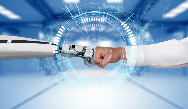A robot hand and a human hand touch each other via the HUD display. 3d illustration. 