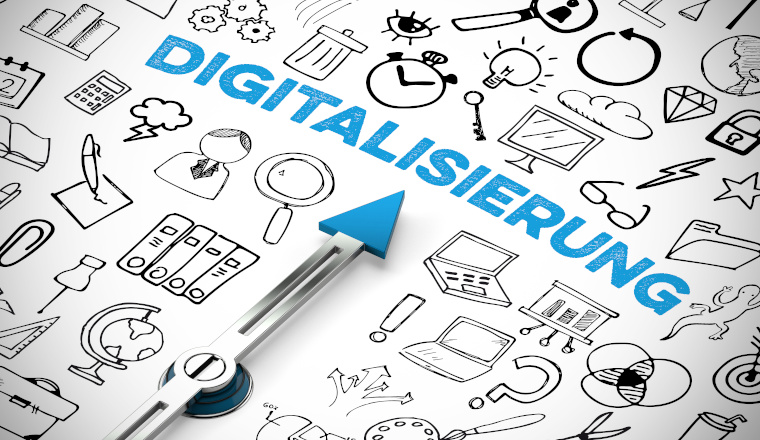 Digitalisierung Konzept mit Icons und Kompass Pfeil der auf Schriftzug zeigt