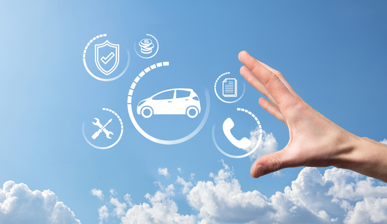 Digital composite of Man holding car icon.Car automobile insurance and car services concept. Businessman with offering gesture and icon of car.