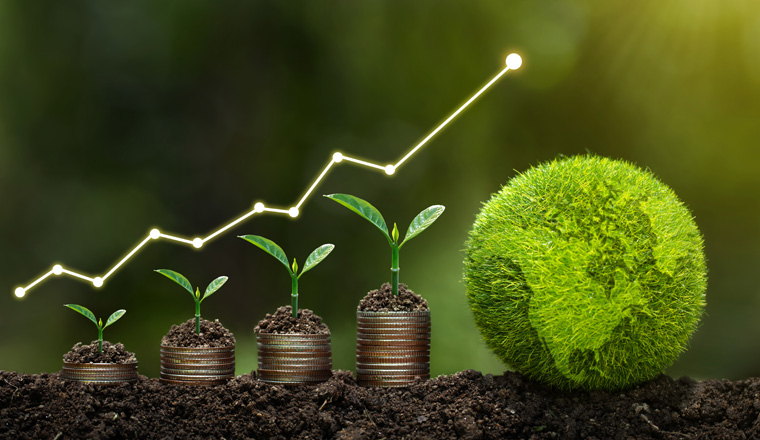  Light bulb is located on soil. plants grow on stacked coins Renewable energy generation is essential for the future. Renewable energy-based green business can limit climate change and global warming.