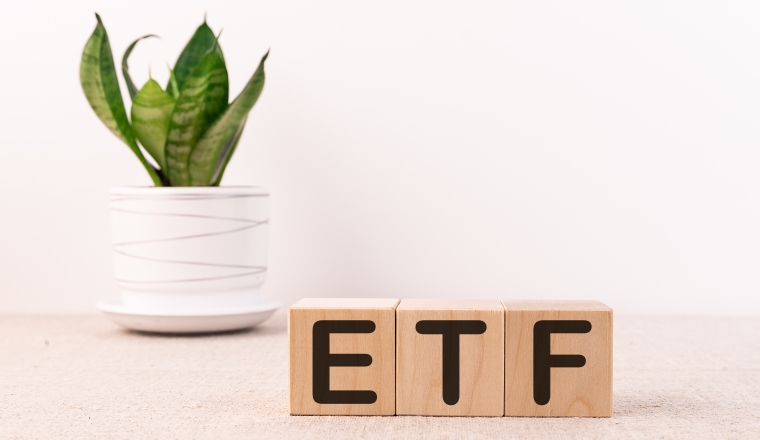 ETF word with building blocks on a light background and a green flower