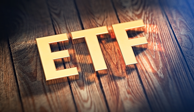 The acronym "ETF" is lined with gold letters on wooden planks. 3D illustration image