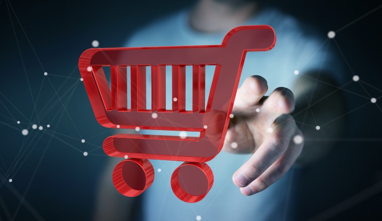 Businessman on blurred background using digital shopping icons 3D rendering