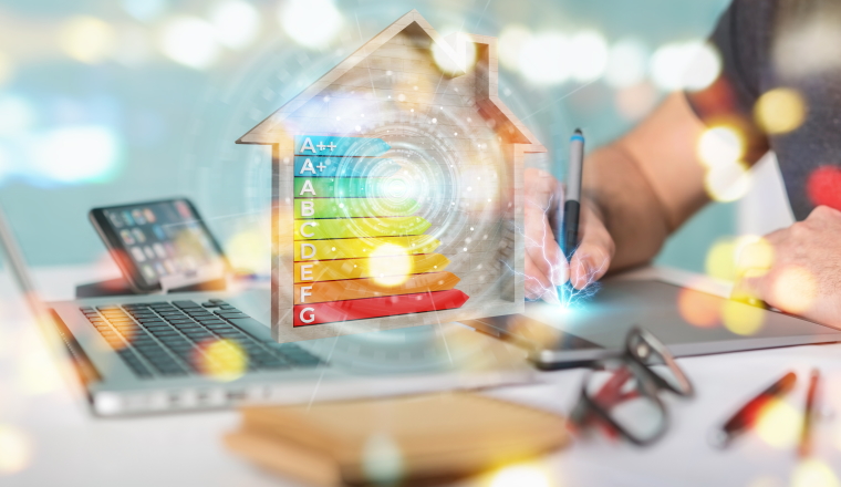 Graphic designer on blurred background using 3D rendering energy rating chart in a wooden house