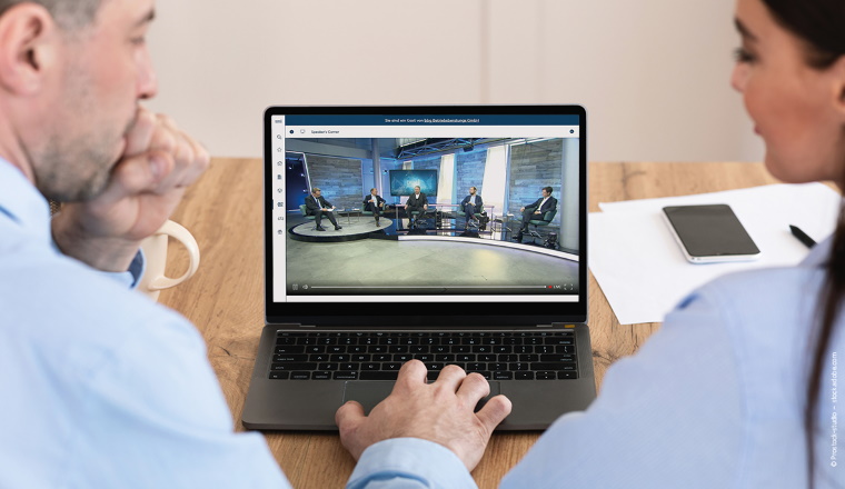 Online Business Concept. Back view of two colleagues having virtual negotiation with their black male coworker, copy space