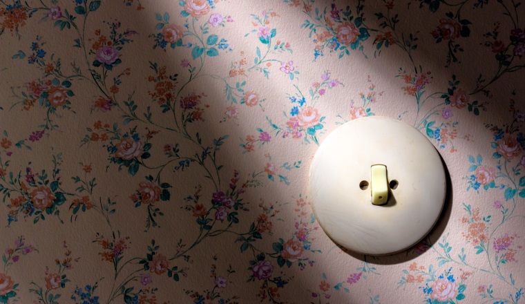 Eine alte Tapete mit Lichtschalter. Symbolfoto für Erneuerung und renovieren.