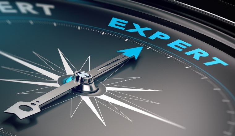 Compass with needle pointing the word expert, concept image to illustrate business consulting and advisory.