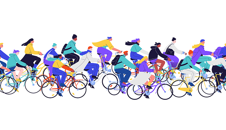 Tight seamless pattern with different cyclists. Men and women riding all kinds of city bicycles in endless line