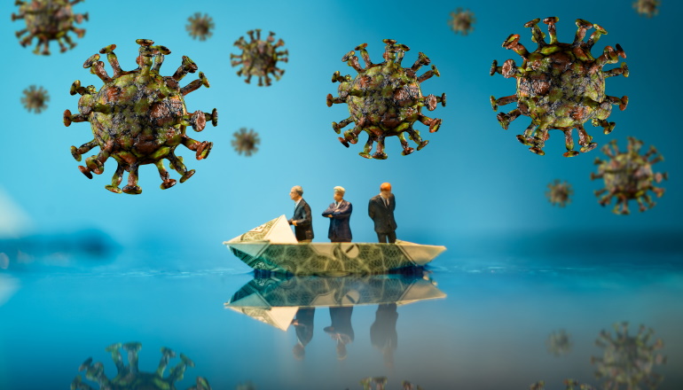 Coronavirus government or finance metaphor with lost businessmen riding in a money boat