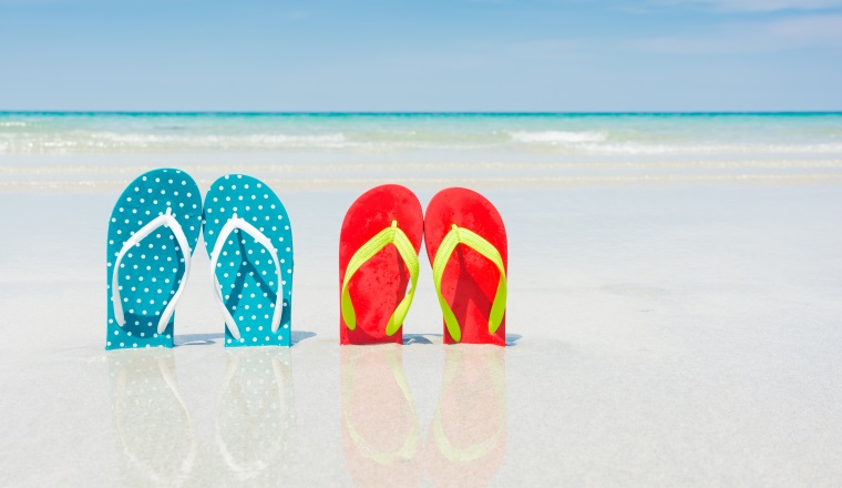 Beach, slippers on tropical beach in holiday at Thailand