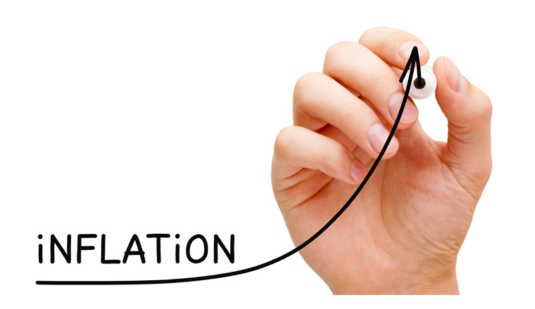 Hand drawing increasing inflation rate graph concept with black marker on transparent wipe board isolated on white background.