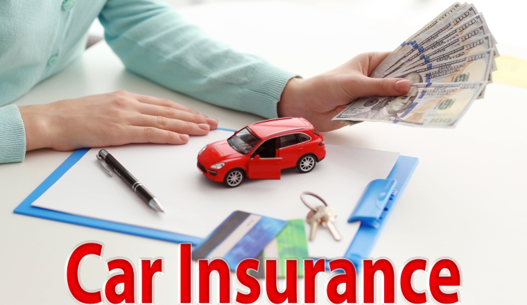 Car insurance concept. Woman with money and toy automobile sitting at table
