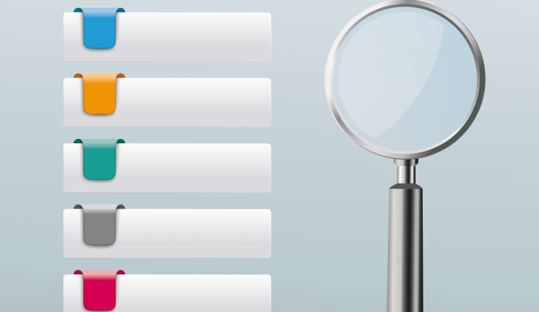 Colored rectangle paper tabs with 5 options and black loupe on the gray background. Eps 10 vector file.