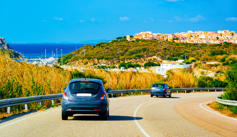 Landscape of Car in road in summer Italy. Vacation trip on highway with nature. Scenery with drive on Holiday journey and sea. Motion ride in Europe. Transport