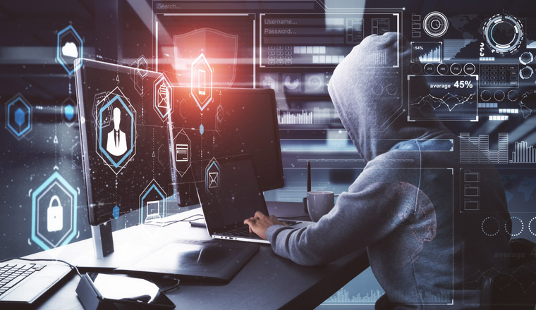 Side view of young hacker with digital business interface in blurry interior. Hacking and criminal concept. Double exposure 