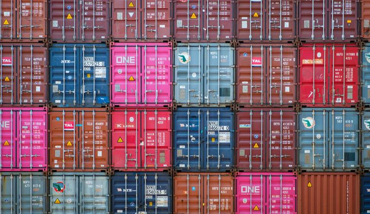 HongKong, China - November 2019: Stacked shipping container on freight harbour logistics centre in Hong Kong