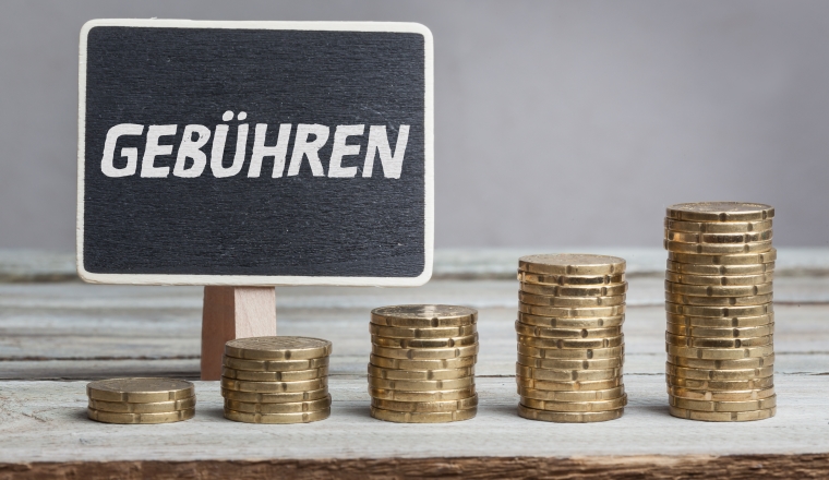 Deutsches Wort Gebühren auf Schild, Geld Wachstum, Studiofoto auf Holztisch