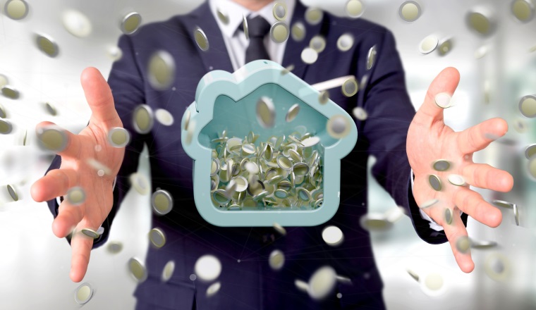 View of a Man holding a House moneybox with coin surrounding all over 3d rendering