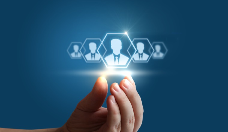 Businessman holding potential customers in hand concept design.