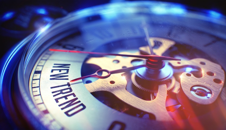 New Trend. on Pocket Watch Face with Close Up View of Watch Mechanism. Time Concept. Vintage Effect. Vintage Pocket Clock Face with New Trend Text on it. Business Concept with Vintage Effect. 3D.