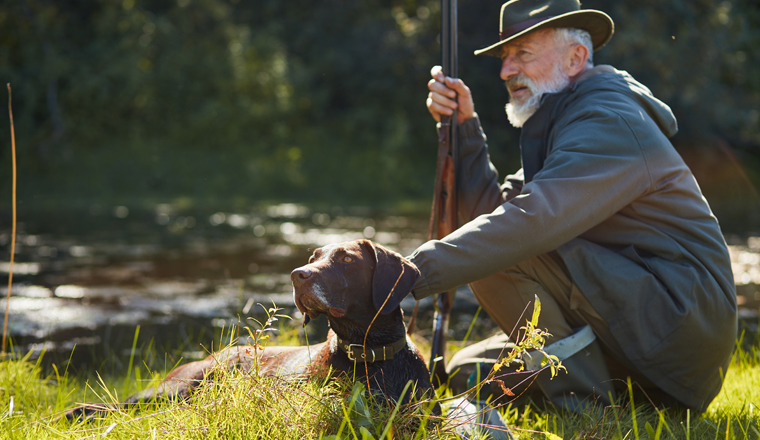 Obedient hunter dog sit with his owner near forest lake after hunting on wild ducks. Good work little friend, dog friend