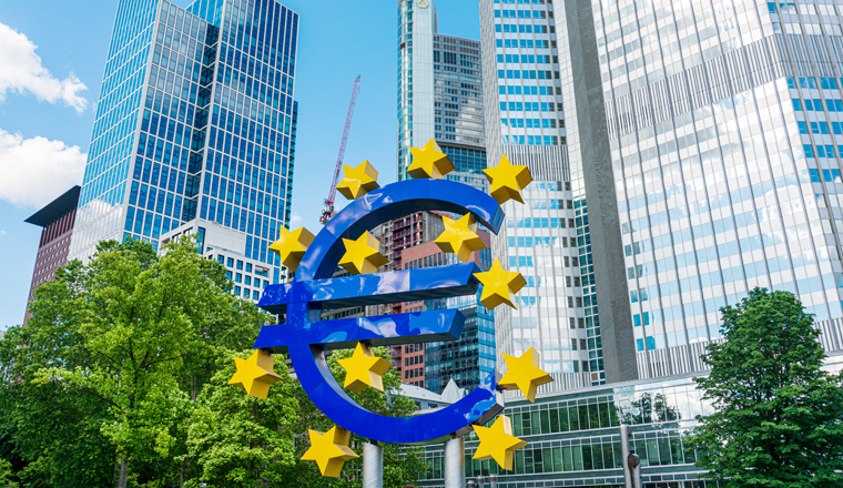Frankfurt, Germany - June 12, 2019: Euro Sign. European Central Bank (ECB) is the central bank for the euro and administers the monetary policy of the Eurozone in Frankfurt, Germany. 