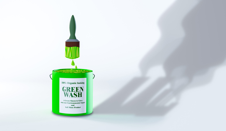 Green Wash paint tin and brush, eco greenwashing to gloss over environmental impact of industry or product concept 3D illustration