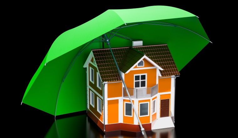 House security and protection concept. Home under umbrella, 3D rendering isolated on black background